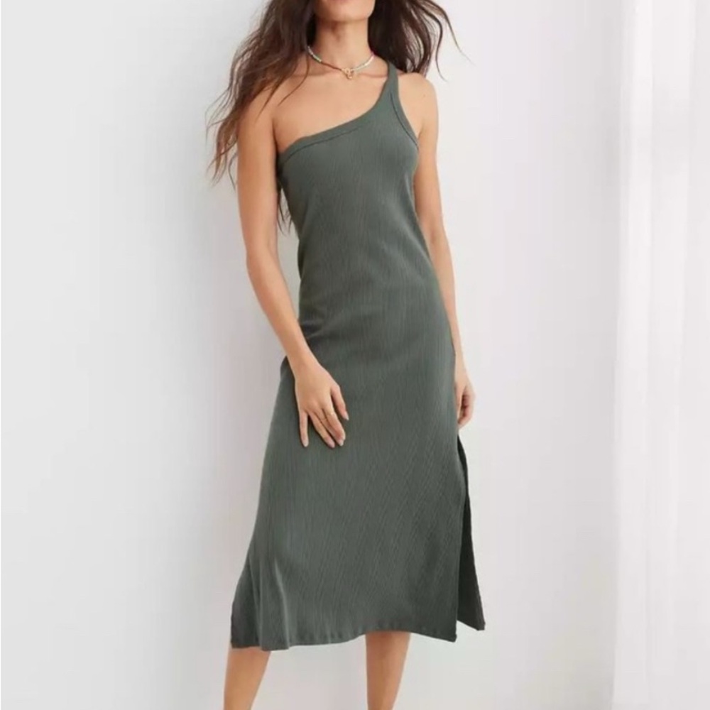 Aerie One-Shoulder Dress in Olive